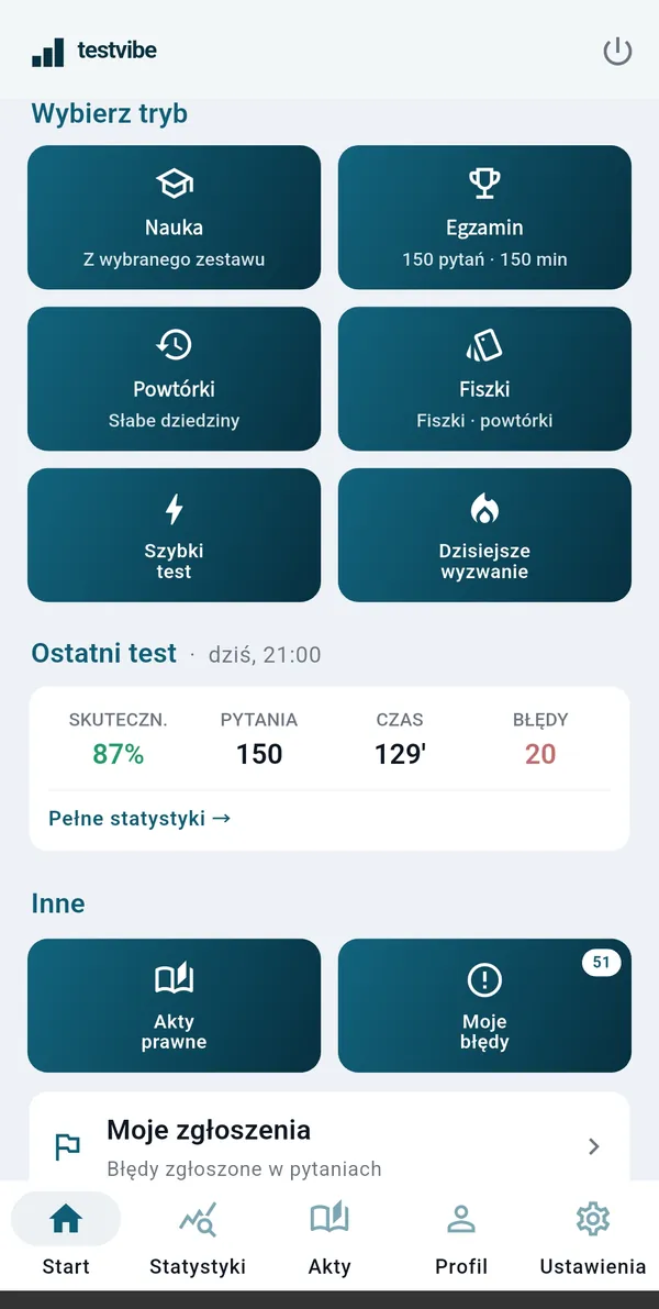 Ekran główny TestVibe: wybór trybu nauki i egzaminu